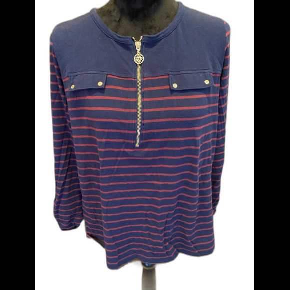 Anne Klein Petite XL Classy Navy Striped Gold Zipper Dressy Blouse Top - Picture 1 of 9